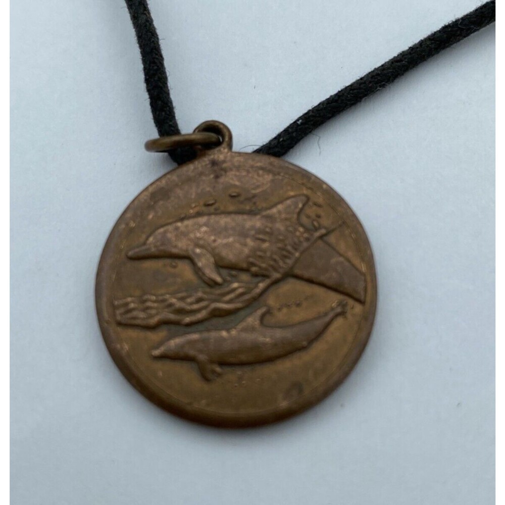 Dolphins Swimming Copper Medallion Pendant Necklace Virgo Symbol On Reverse